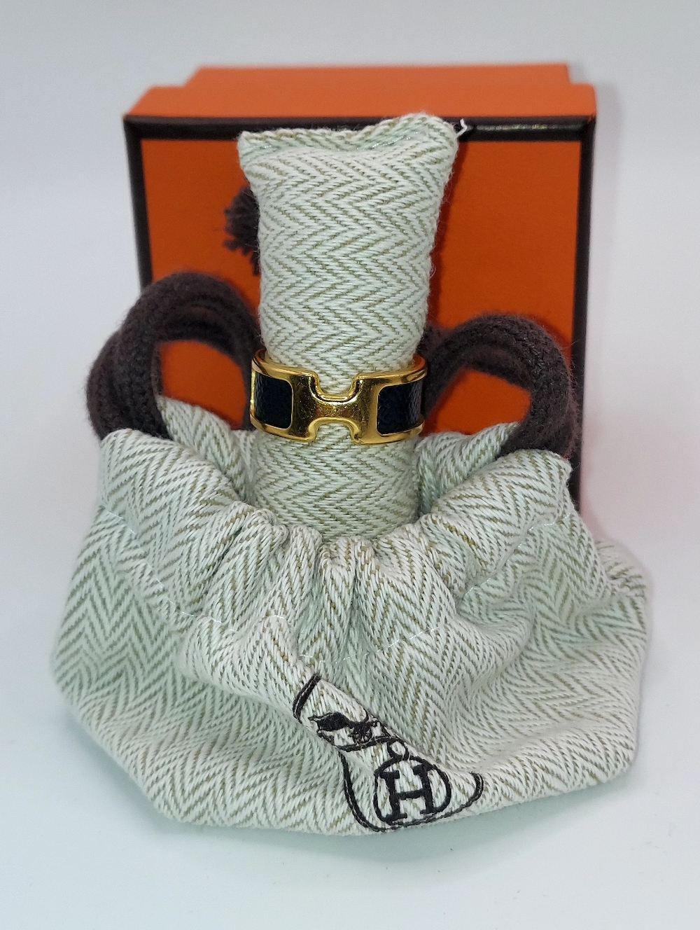 HERMES OLYMPE RING Gold Tone With Black Leather Sz M 6.75/7.25